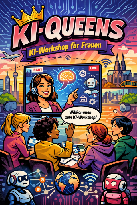 KI generiertes Bild, zeigt 4 Frauen im Kurs mit digitaler Dozentin & mehreren Robotern